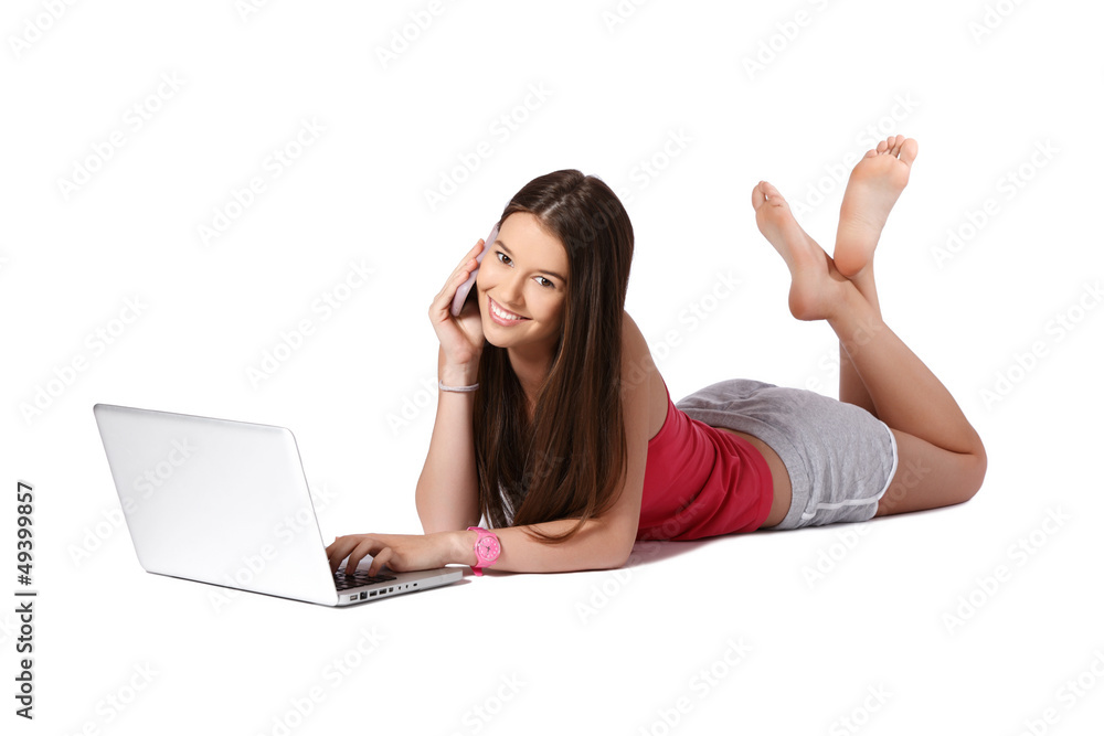 brunette student making a phonecall isolated on white brunette student making a phonecall isolated on white