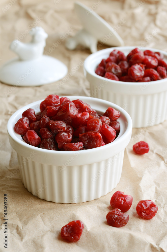 Dried sweet cherries in white ramekin