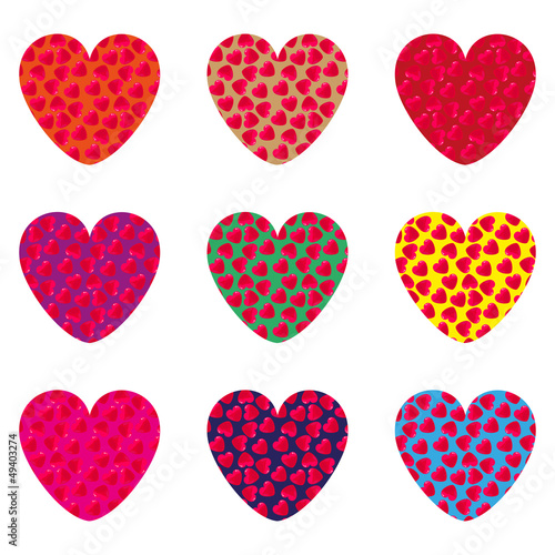 Nine hearts on a postcard to Valentine's Day