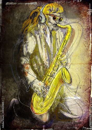 saksofonista - ręcznie rysowana ilustracja noir
