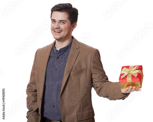 A man holding present box on white background.