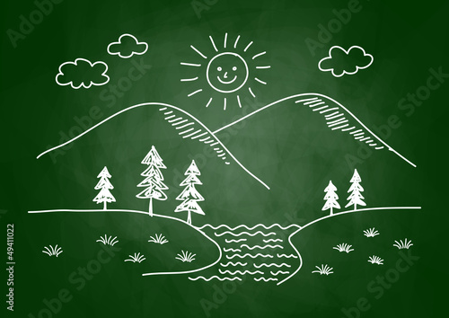 Drawing of landscape on blackboard