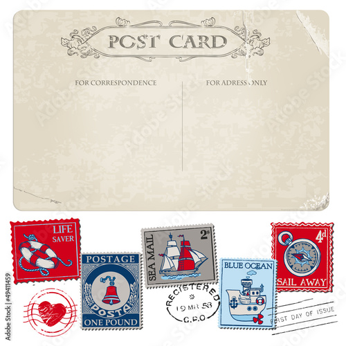 Nautical Postcard and Postage Stamps-for design, scrap-in vector