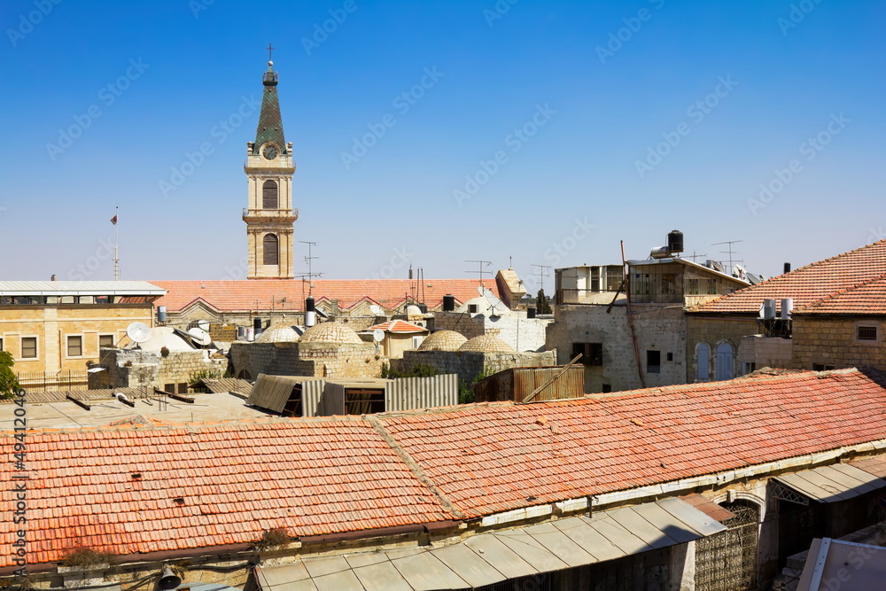 View from the walls of ancient Jerusalem  to city rooftops