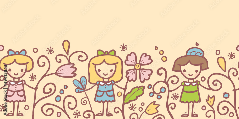 Vector girls with flowers horizontal seamless pattern border Vector girls with flowers horizontal seamless pattern border