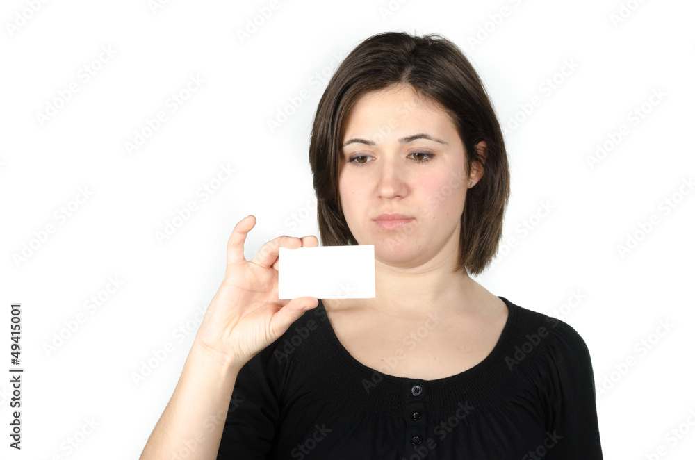 Portrait of young woman showing a business card Portrait of young woman showing a business card