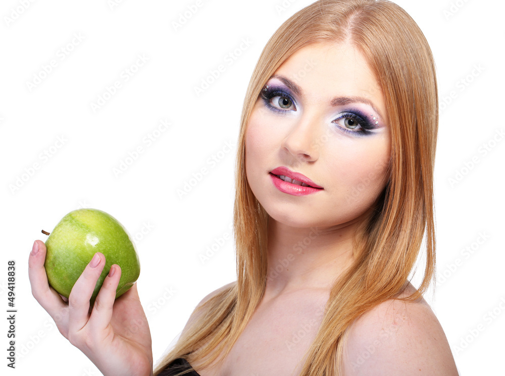 Beautiful young woman with glamour make up and apple, isolated Beautiful young woman with glamour make up and apple, isolated