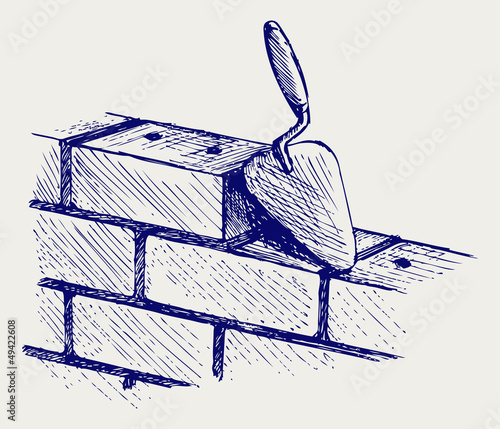 Trowel and bricks. Doodle style