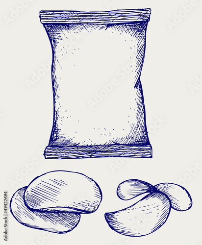 Potato chips and packaging. Doodle style