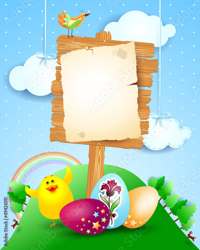 Easter signboard on fantasy landscape