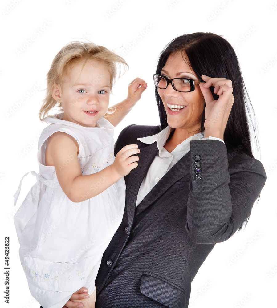 businesswoman with her child. Isolated businesswoman with her child. Isolated