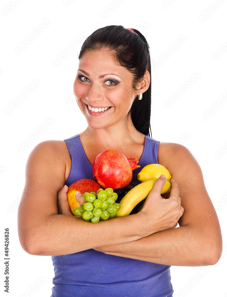 Beautiful young woman holding fruits. isolated Beautiful young woman holding fruits. isolated