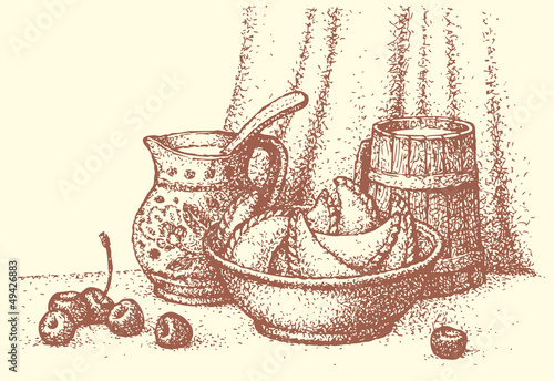 Vector kitchen still life. Traditional Ukrainian food: dumplings