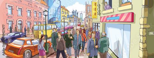 People are going along the crowded city street.
