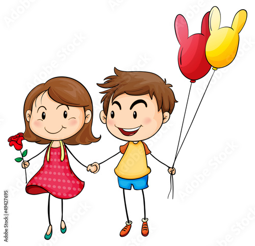 A girl with a flower and a boy with balloons