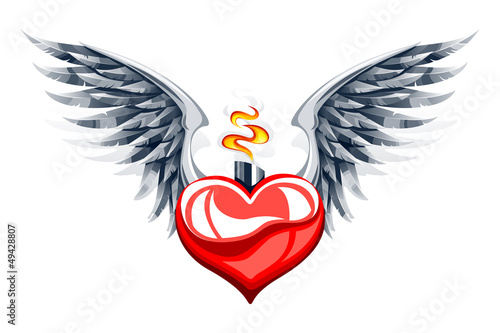Vector illustration of glossy heart with wings and flame
