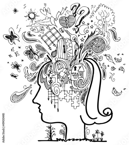 Woman head full of confused thoughts