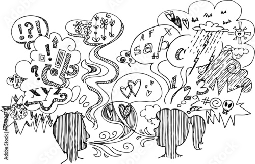 Man and woman profile with speech balloons