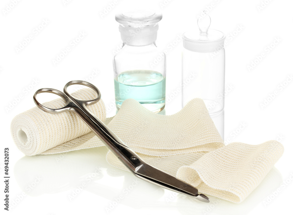 First aid kit for bandaging isolated on white First aid kit for bandaging isolated on white
