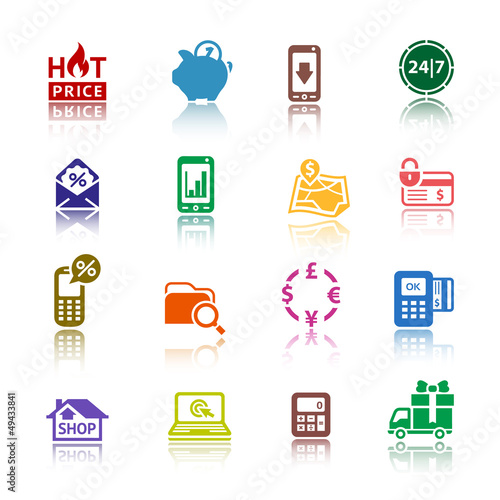 Set pictograms Shopping Icons. Color with reflection