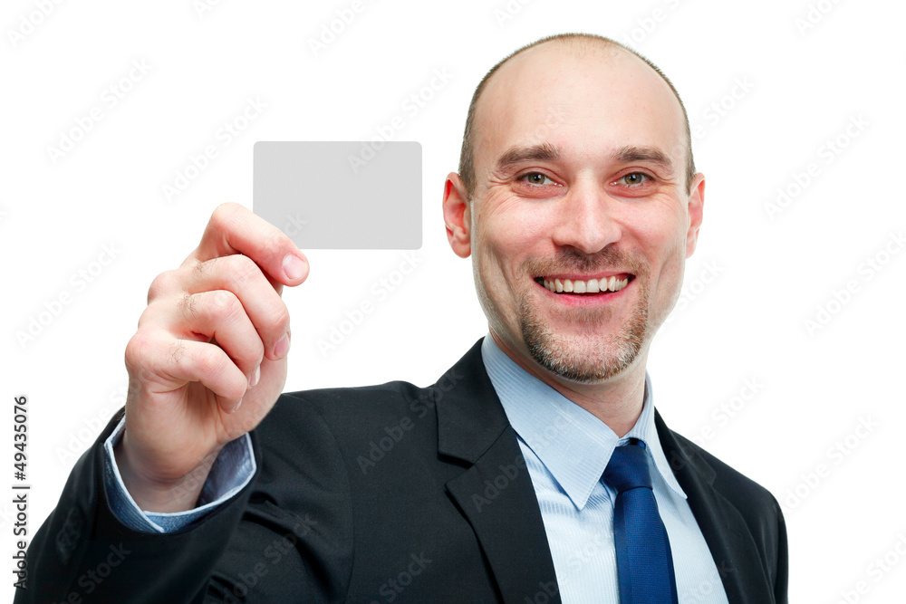 Business man handing a blank business card over white background Business man handing a blank business card over white background