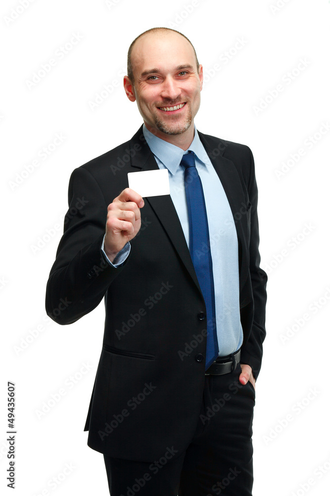 Business man handing a blank business card over white background Business man handing a blank business card over white background