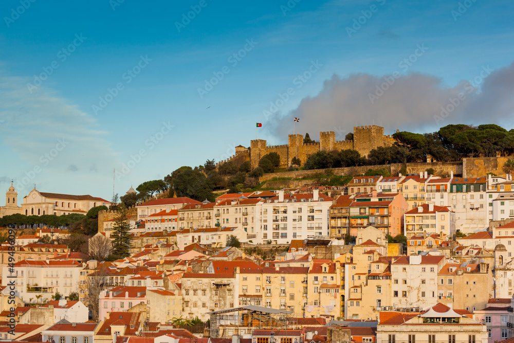 Lisbon, view of the town with the castle of Sao Jorge