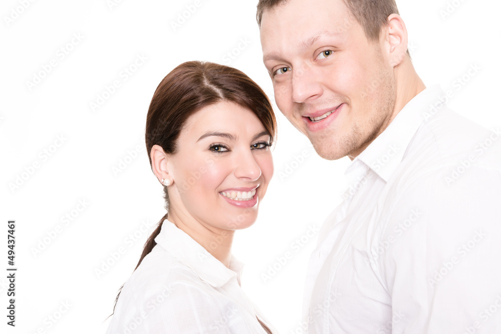 Young and happy couple in front of white background Young and happy couple in front of white background