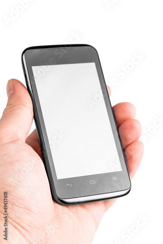 Modern mobile phone in hand isolated on white background