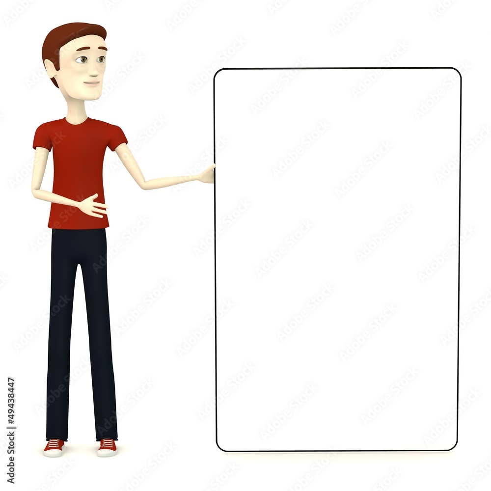 3d render of cartoon male in casual clothes with empty board
