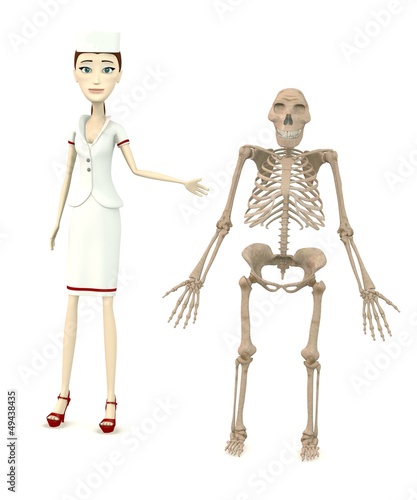 3d render of cartoon character with australopithecus skeleton photo