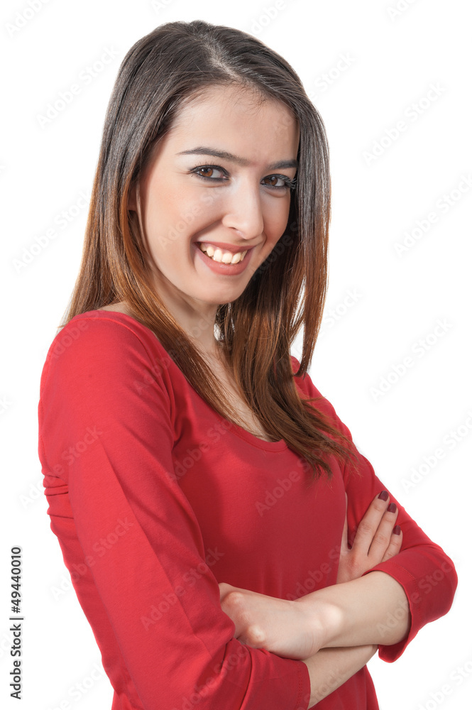 Isolated beatiful arms crossed young girl on white background Isolated beatiful arms crossed young girl on white background