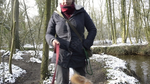 Woman is walking with the dogs