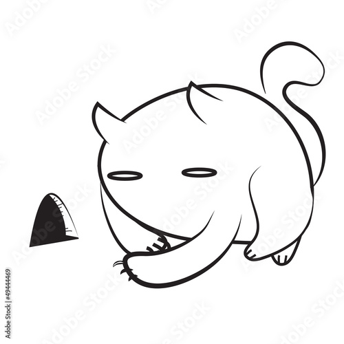 cartoon cat cat waits mouse out of a hole