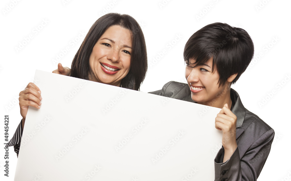 Attractive Mixed Race Mother and Daughter Holding Blank White Si Attractive Mixed Race Mother and Daughter Holding Blank White Si