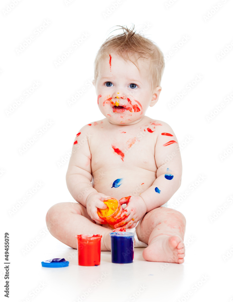 Funny dirty baby boy with paints. Isolated on white background Funny dirty baby boy with paints. Isolated on white background