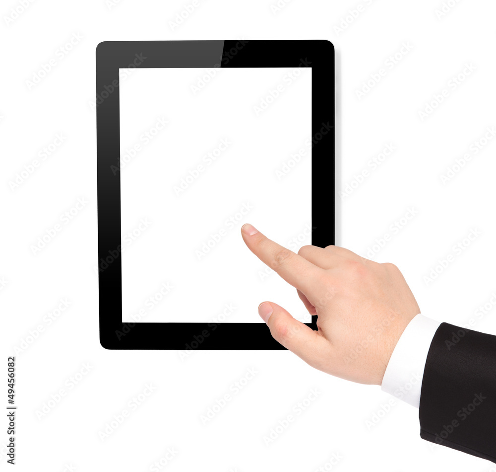 isolated computer tablet and hand points to the screen isolated computer tablet and hand points to the screen