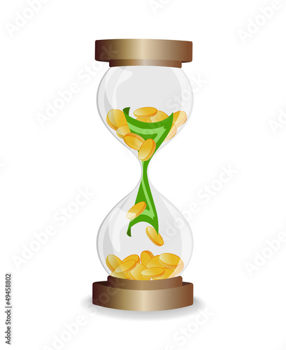 Time is money - hourglass with coins and notes on white
