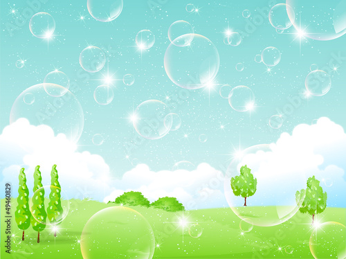 自然　風景　シャボン玉　新緑