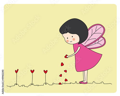 tarjeta san valentín. hada plantando corazones