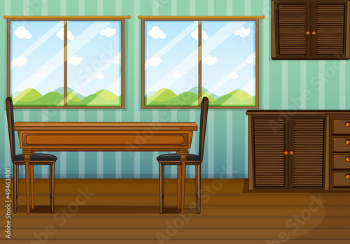 A clean dining room with wooden furnitures