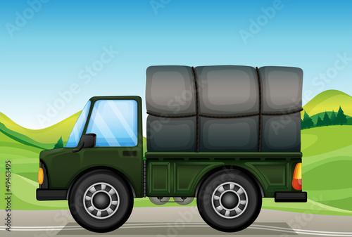 A military truck in the road