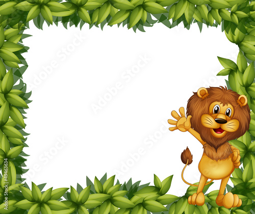 A green leafy border with a lion
