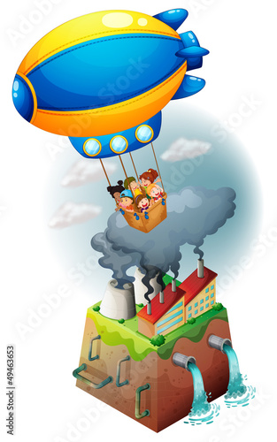 Kids carried by an airship