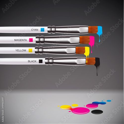 CMYK brushes on grey background, vector EPS10 illustration.