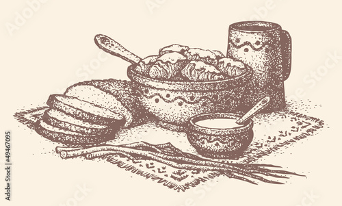 Vector still life. Slavic food: cabbage rolls, bread, leeks and