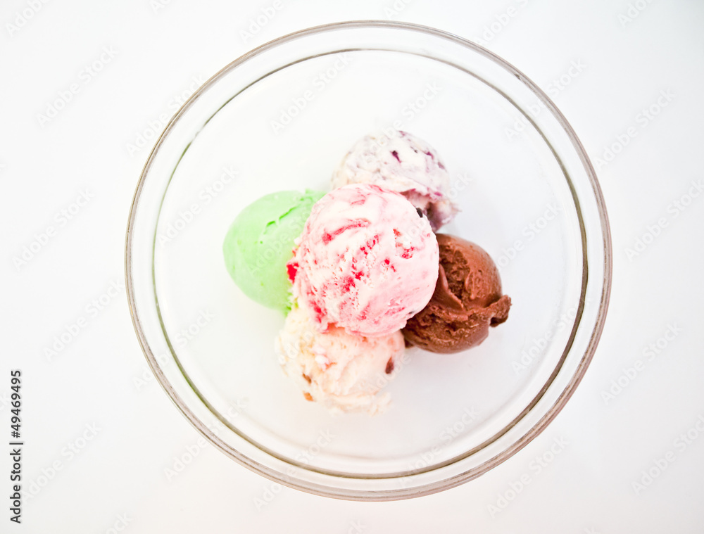 Ice cream in a glass bowl topview isolated on white Ice cream in a glass bowl topview isolated on white