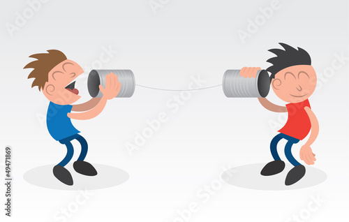 Two people using cans on a string to communicate