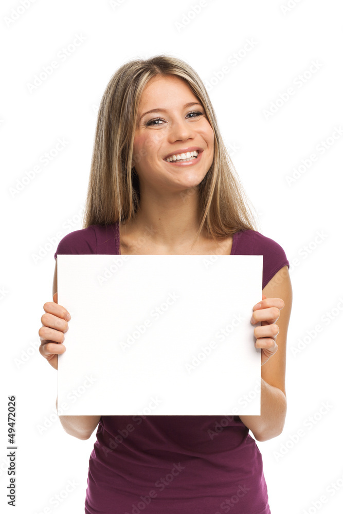 Big smile and blank signboard Big smile and blank signboard