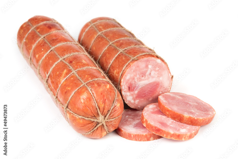 Smoked sausage, tied with thread isolated on white background Smoked sausage, tied with thread isolated on white background